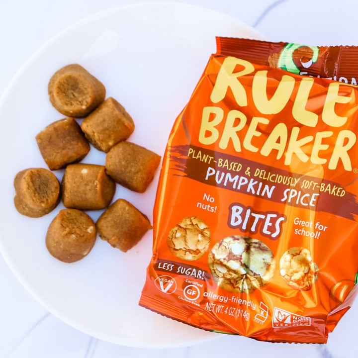Rule Breaker Snacks Pumpkin Spice Bites on plate made with real pumpkin