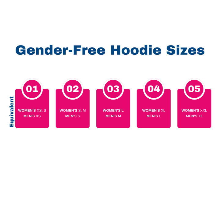 Gender-Free Hoodie Sizes: Equivalent - 01 (Women's XS, S, Men's XS), 02 (Women's S, M, Men's S), 03 (Women's L, Men's M), 04 (Women's XL, Men's L), 05 (Women's XXL, Men's XL), 