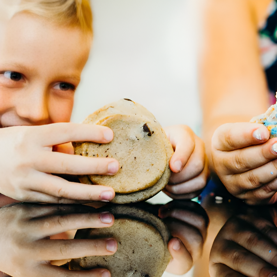 Kids holding soft-baked cookies at a table, capturing a fun snack moment with Rule Breaker treats.