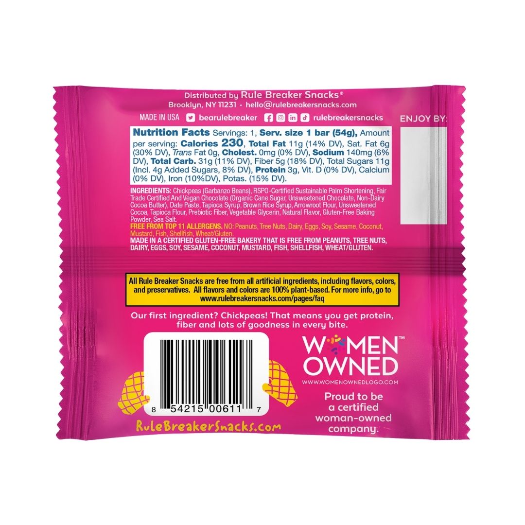 Rule Breaker Snacks vegan gluten-free allergen-free nut-free made with chickpeas deliciously soft-baked Brownie Back of Package with Nutrition Facts Panel