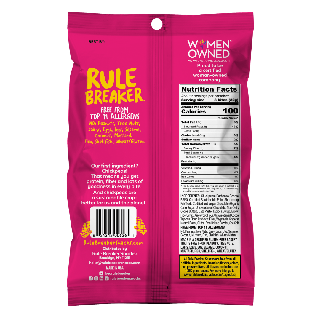 Rule Breaker Snacks vegan gluten-free allergen-free nut-free made with chickpeas deliciously soft-baked Brownie Bites back of package with Nutrition Facts Panel