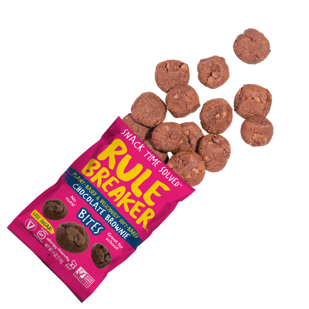 Rule Breaker Snacks vegan gluten-free allergen-free nut-free made with chickpeas deliciously soft-baked Brownie Bites Open Package