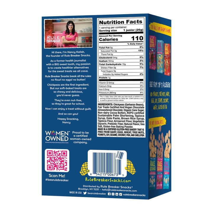 Rule Breaker Snacks Juniors Blondie Box back panel and nutrition facts panel