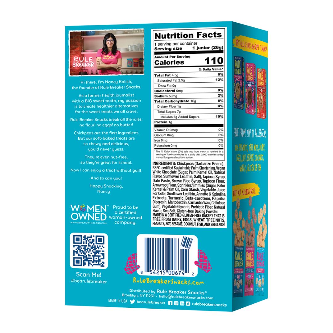Rule Breaker Snacks Juniors Birthday Cake Box back panel and nutrition facts panel