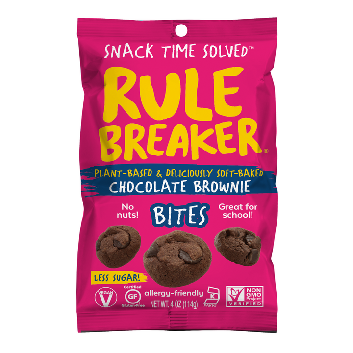 Rule Breaker Snacks vegan gluten-free allergen-free nut-free made with chickpeas deliciously soft-baked Brownie Bites Package