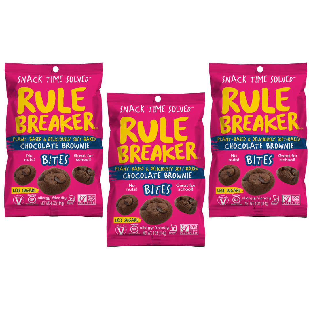 Rule Breaker Snacks vegan gluten-free allergen-free nut-free made with chickpeas deliciously soft-baked 3 Pack of Brownie Bites Package