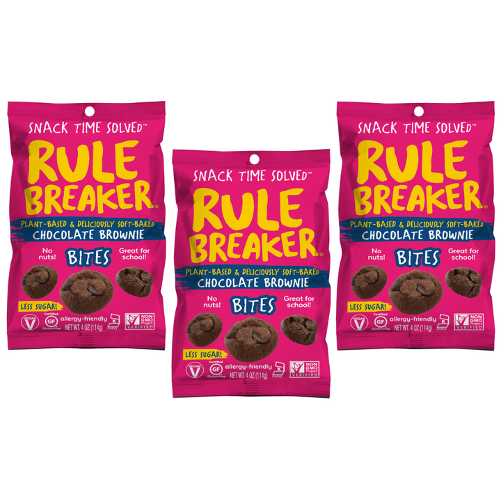 Rule Breaker Snacks vegan gluten-free allergen-free nut-free made with chickpeas deliciously soft-baked 3 Pack of Brownie Bites Package