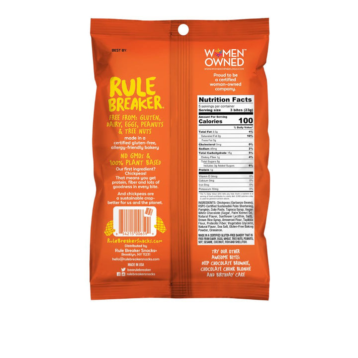 Rule Breaker Snacks pumpkin spice bites back of package nutrition facts panel allergen free vegan gluten free