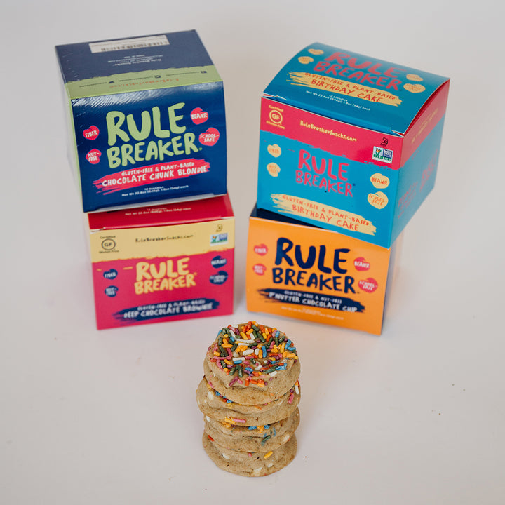 Four packs of Rule Breaker Snacks Brownie, Blondie P'Nutter Birthday Cake singles vegan gluten-free allergen-free