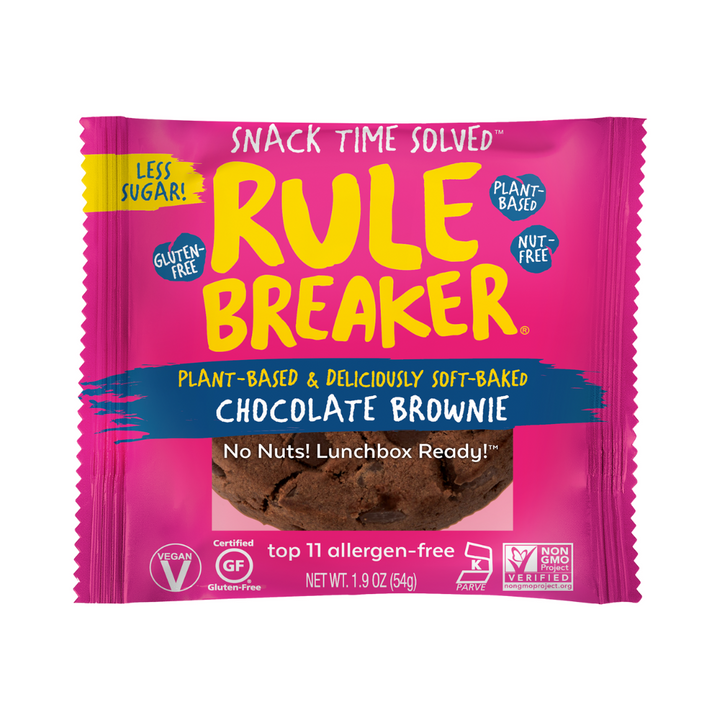 Rule Breaker Snacks vegan gluten-free allergen-free nut-free made with chickpeas deliciously soft-baked Brownie in package