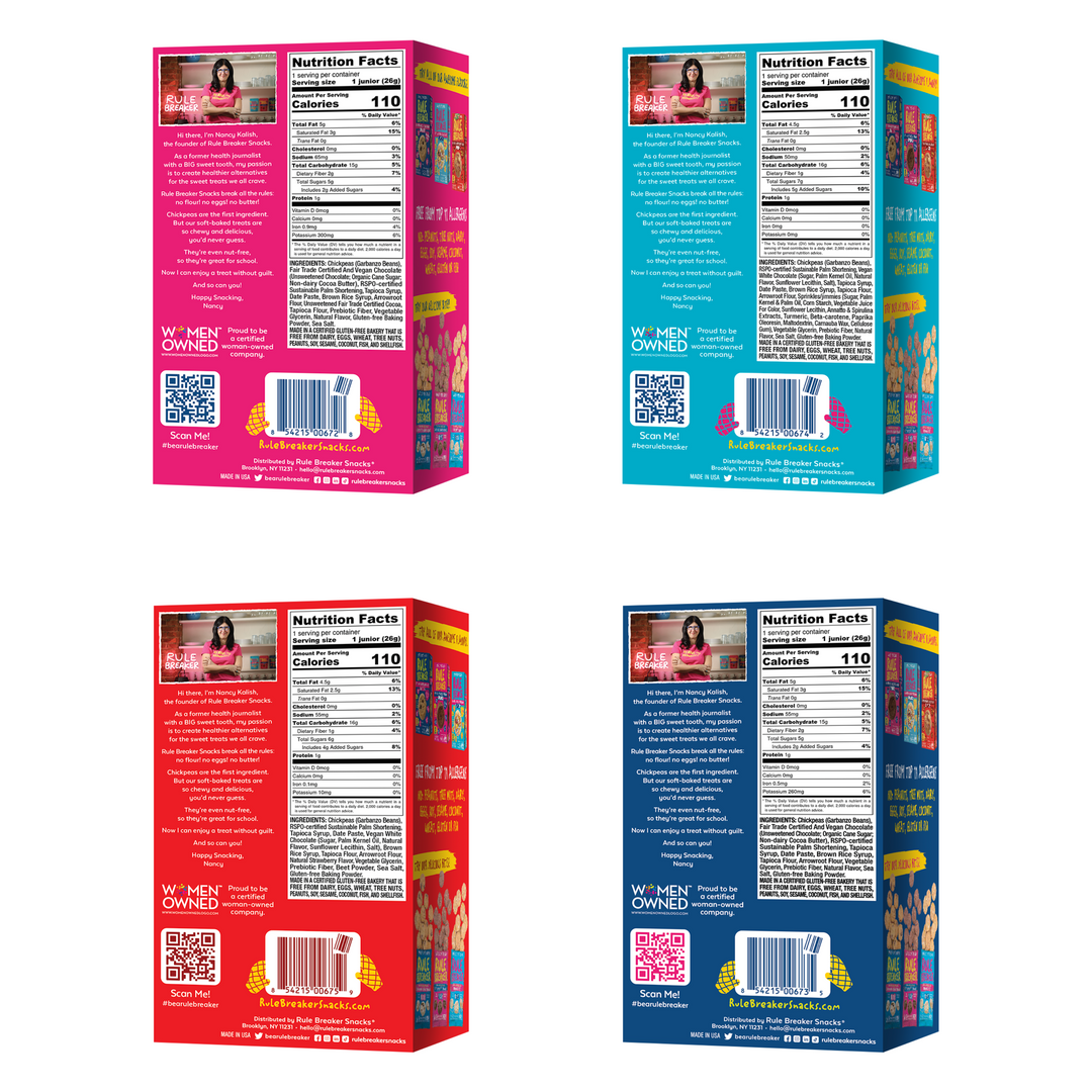 Rule Breaker Snacks Juniors back of package four flavor variety pack Brownie Blondie Strawberry Shortcake Birthday Cake
